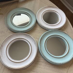 Set of 4 Round White & Teal Framed Wall Accent Decorative Mirrors